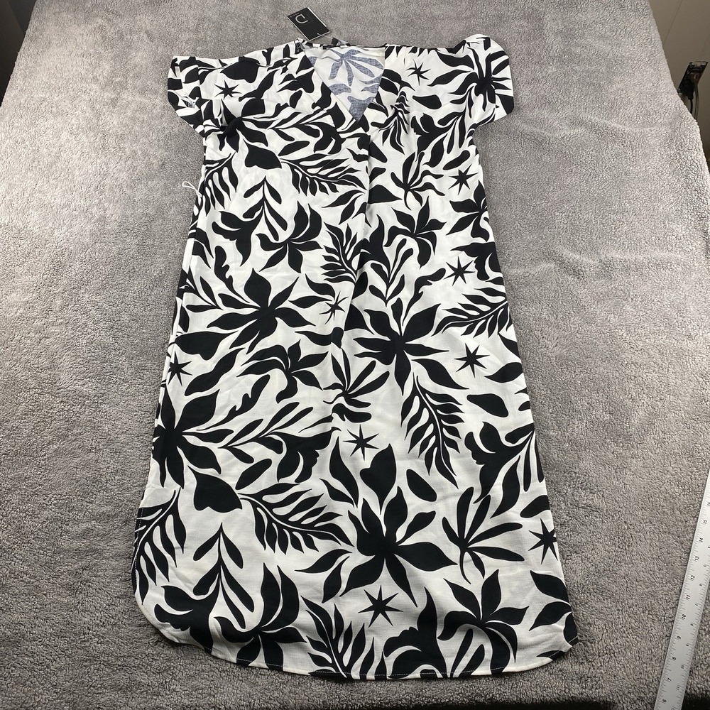 Fred David Dress Womens Medium Black White Leaf Print‎ Dress Self Tie Belt